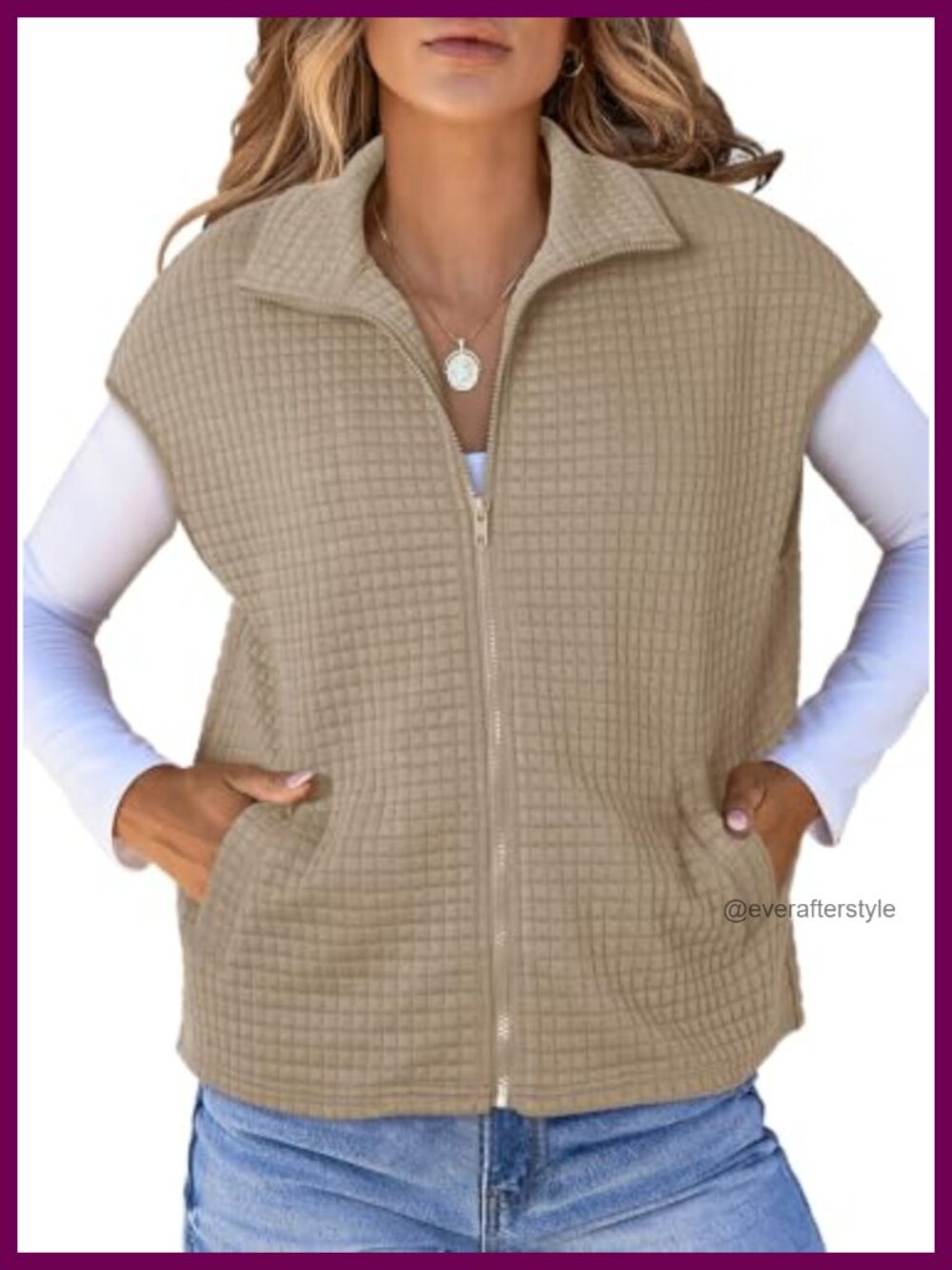 Waffle Knit Zip Up Vest Cap Sleeve Loose Fit Casual Outerwear